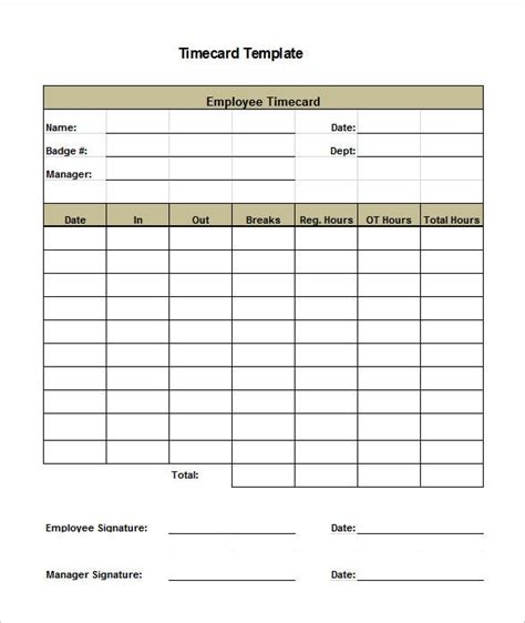 Printable Time Card Templates DOC Excel PDF Free