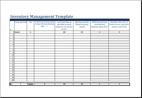 MS Excel Printable Inventory Management Template Excel