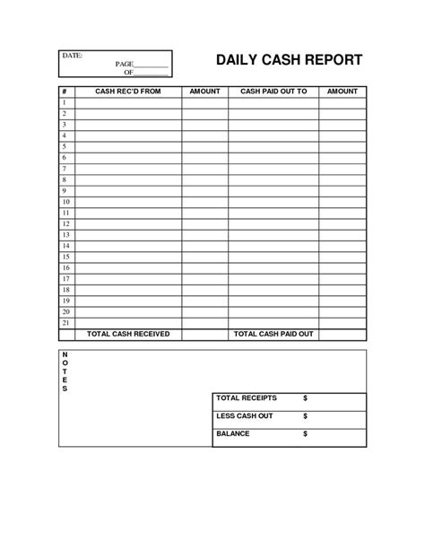 CASH LOG OUT Daily Cash Report Free Office Form Template
