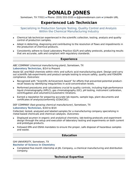 Midlevel Lab Technician Resume Sample Monster
