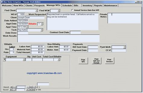 Work Order Template Database Blue Claw Database Development
