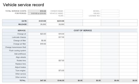 Vehicle Service Record Template EXCELTEMPLATES