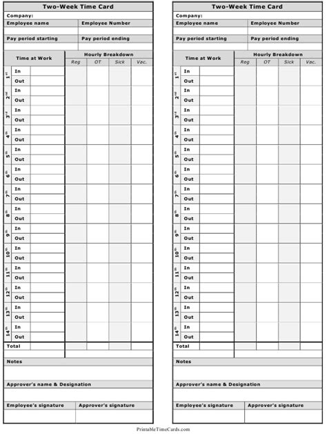 Two Week Time Card Template Two Per Page Download