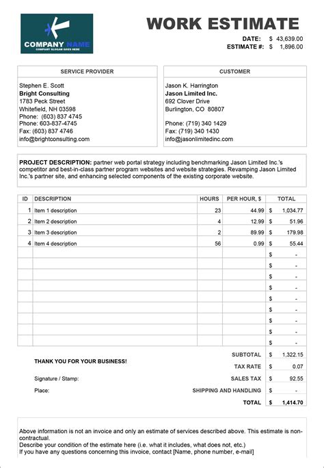 Free Templates For Price Estimations Service Bids And