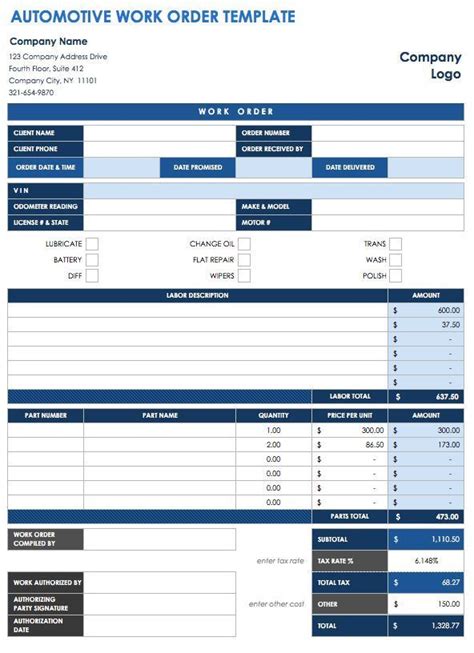Work Order Template Free Download WORD EXCEL PDF