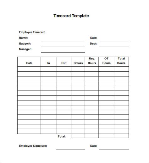 Printable Time Card Templates DOC Excel PDF Free