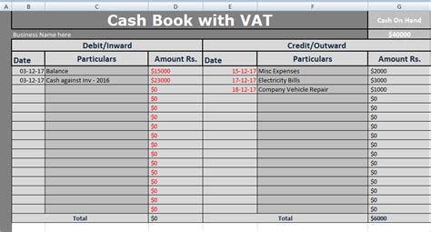 Cash Book With VAT Excel Template Free Free Excel
