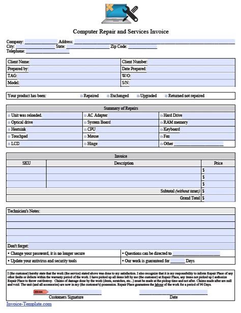 Computer Repair Invoice Template Pdf Printable Receipt