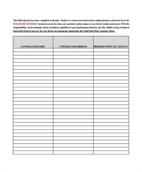 Vendor List Templates PDF DOC Free Premium Templates