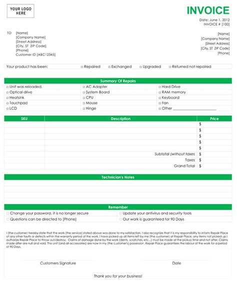 Computer Repair Invoice Template