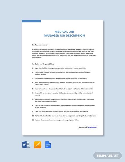 FREE Medical Lab Manager Job Description Word Google