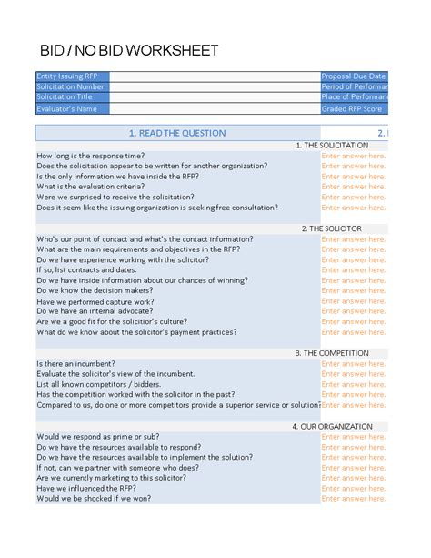 Bid No Bid Worksheet Templates At Allbusinesstemplates