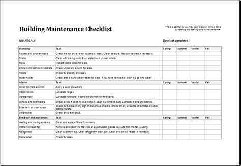 Facility Maintenance Checklist Templates Excel Templates