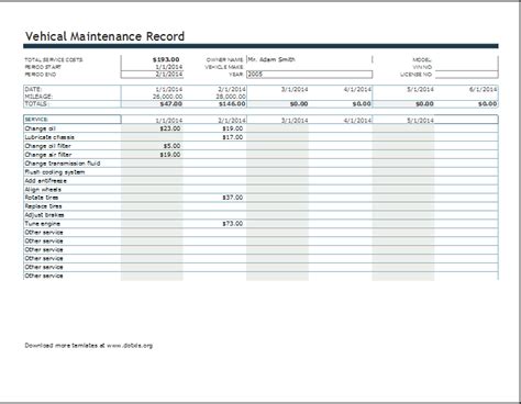 Vehicle Maintenance Or Service Record Log Word Excel