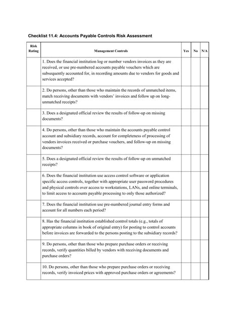 Checklist Accounts Payable Controls Risk Assessment Risk