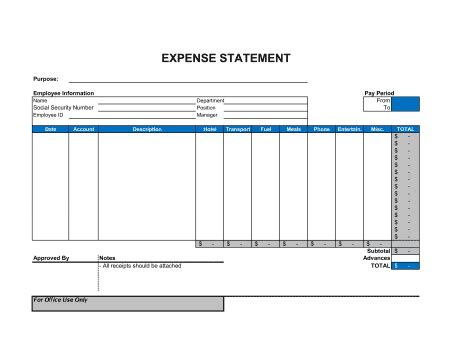 Expense Statement Template Sample Form Biztree
