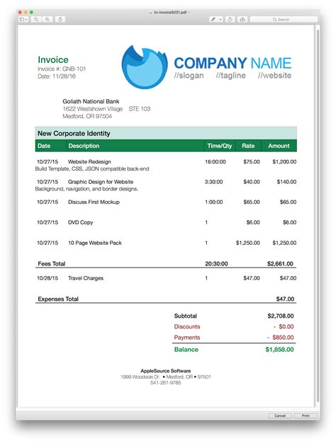AppleSource Software TimeNet Invoice Templates Time