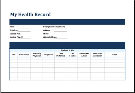 MS Excel Personal Medical Health Record Template Excel